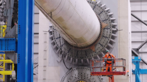 88-metre wind turbine blade at ORE Catapult’s blade test facility in Blyth, viewed from the root end before full-scale torsion testing